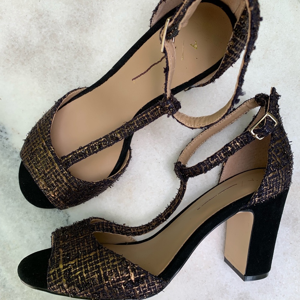 Anthropologie - Midnight & Bronze Tweed Heels